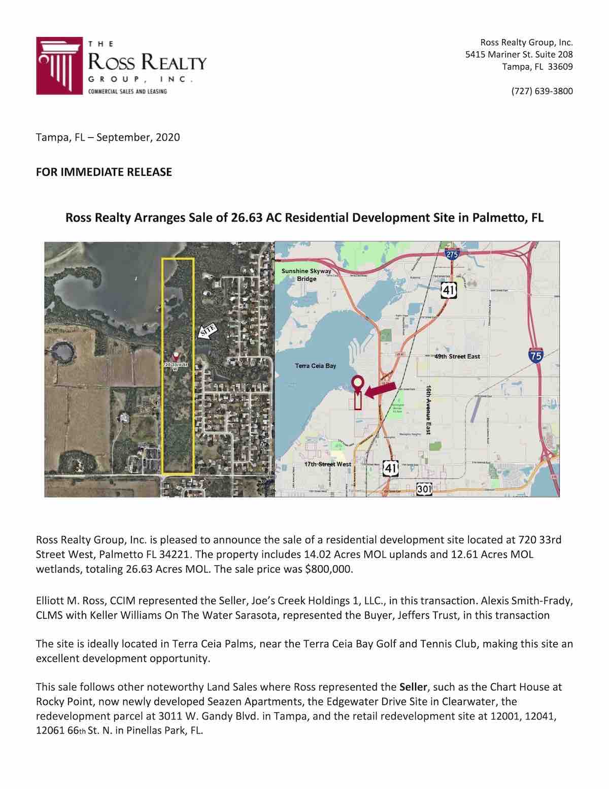 Ross Realty Arranges Sale of 26.63 AC Residential Development Site in Palmetto, FL