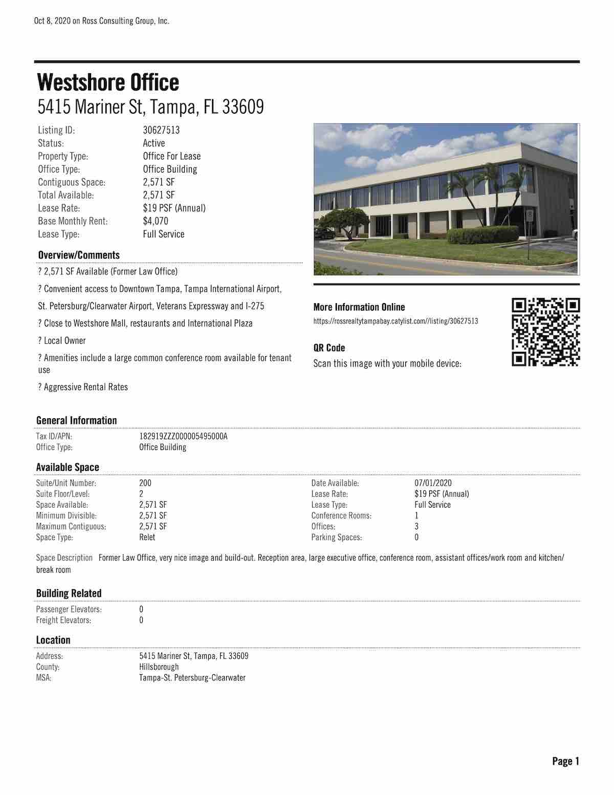 Tampa Commercial Real Estate - FOR LEASE - Westshore Office - 5415 Mariner St, Tampa, FL 33609 P1