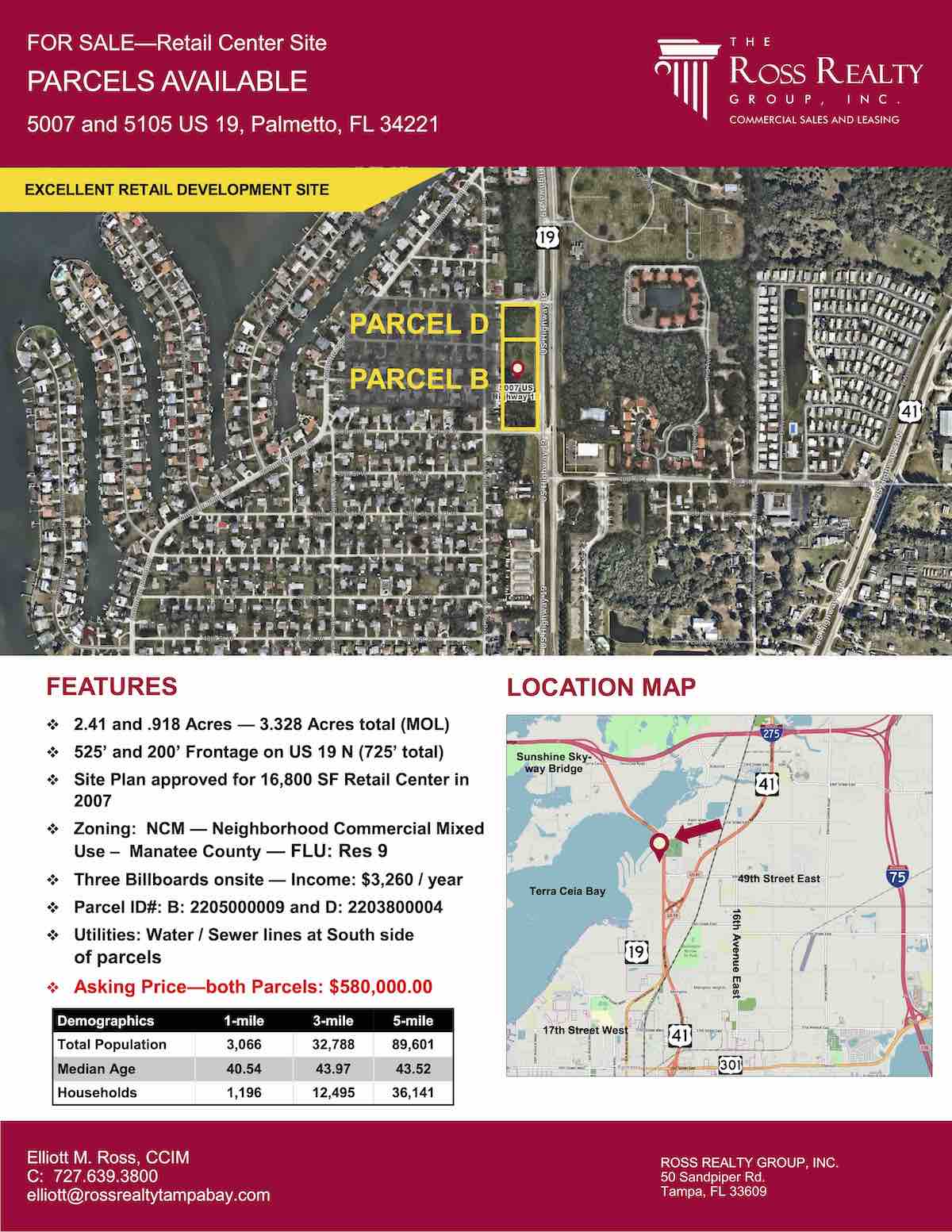Tampa Commercial Real Estate - FOR SALE - Retail Center Site - Parcels Available - 5007 and 5105 US 19, Palmetto, FL 34221 P1