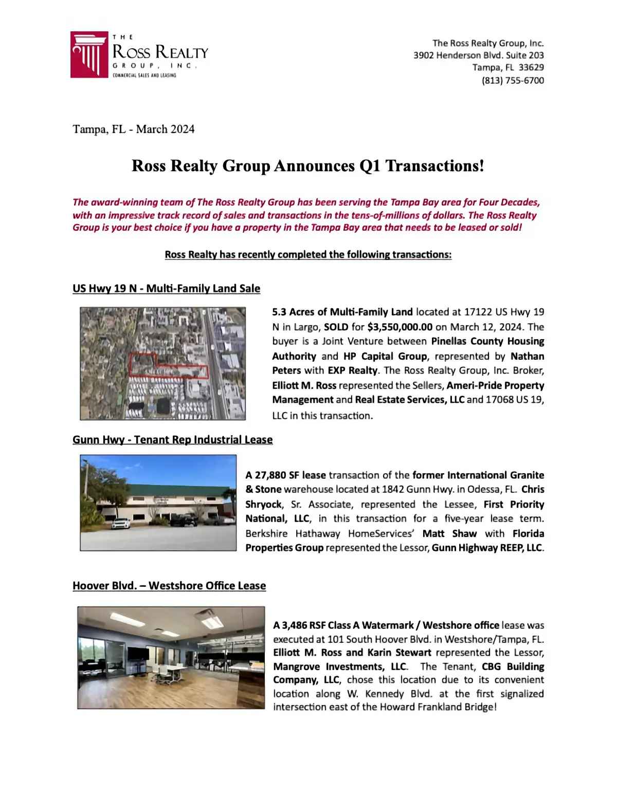 Ross Realty Group Announces 2024 Q1 Transactions! Page 01
